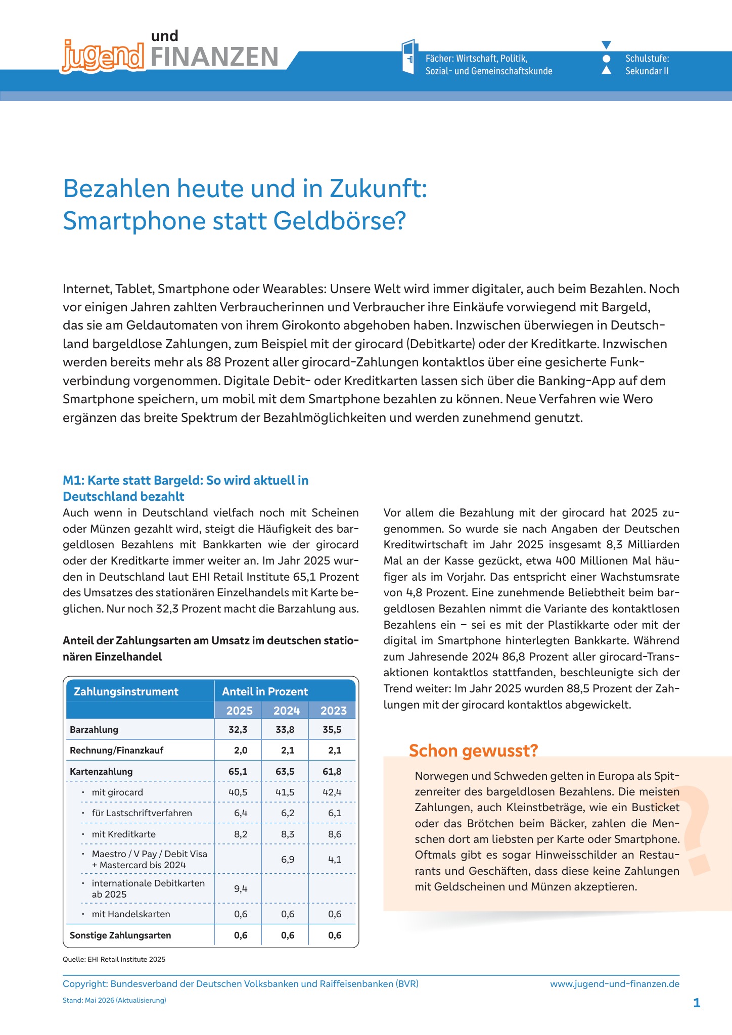 Arbeitsblatt "Bezahlen heute und in Zukunft: Smartphone statt Geldbörse?"
